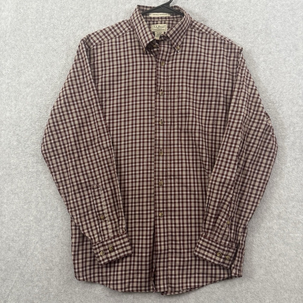 LL Bean Shirt Mens Medium Red Maroon Plaid Button Up‎ Check Gingham Long Sleeve